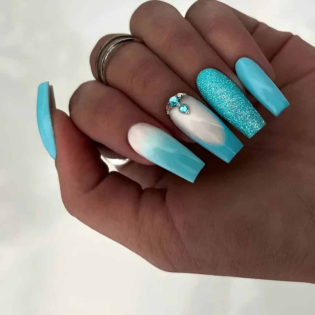 Solid colour long ballet false nails with blue diamond glitter for ladies European style