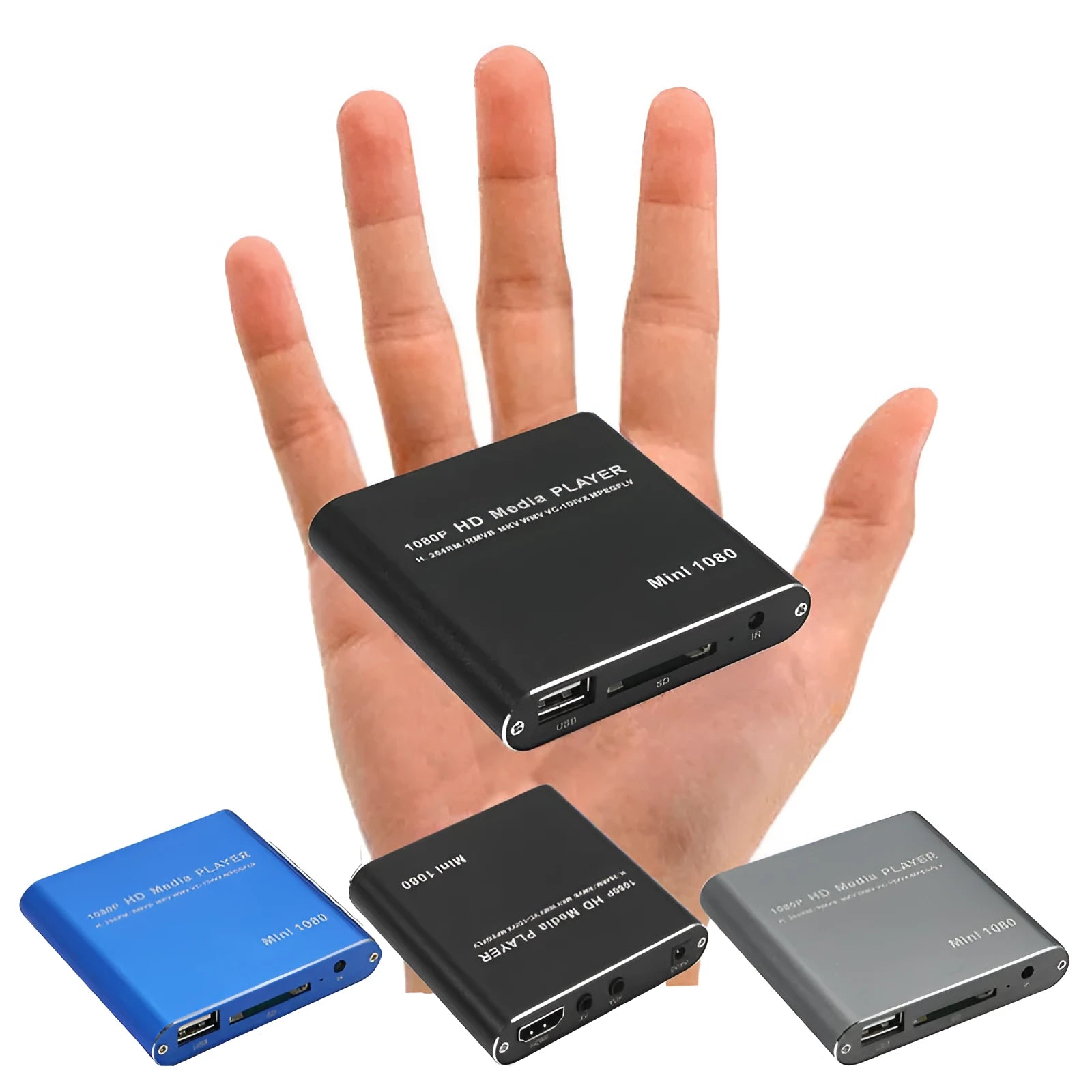 1080P Full HD media player in black or blue with HDMI, SD, USB and HDD ports