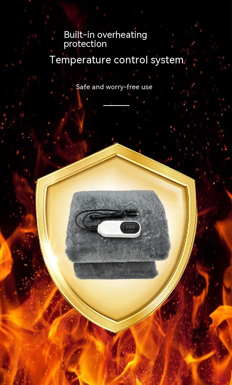 Grey 12V car electric blanket with cigarette lighter plug, shown in single and double size options with temperature control