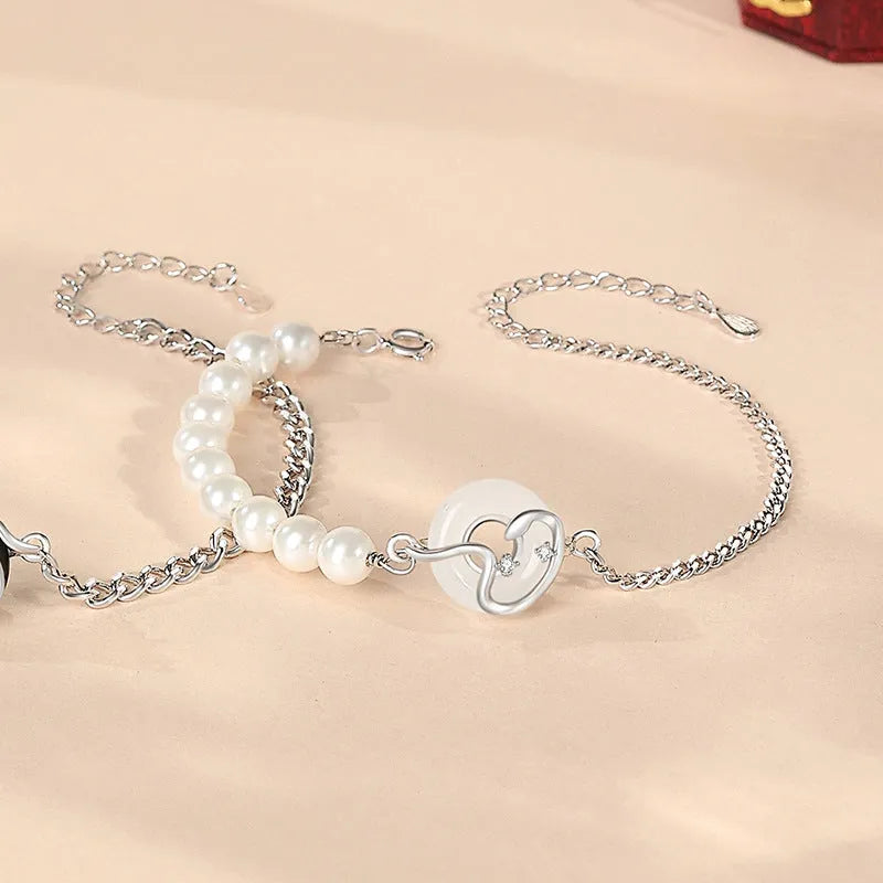 New Chinese style 925 sterling silver bracelet with snake design, obsidian pearl, and safety buckle clasp.