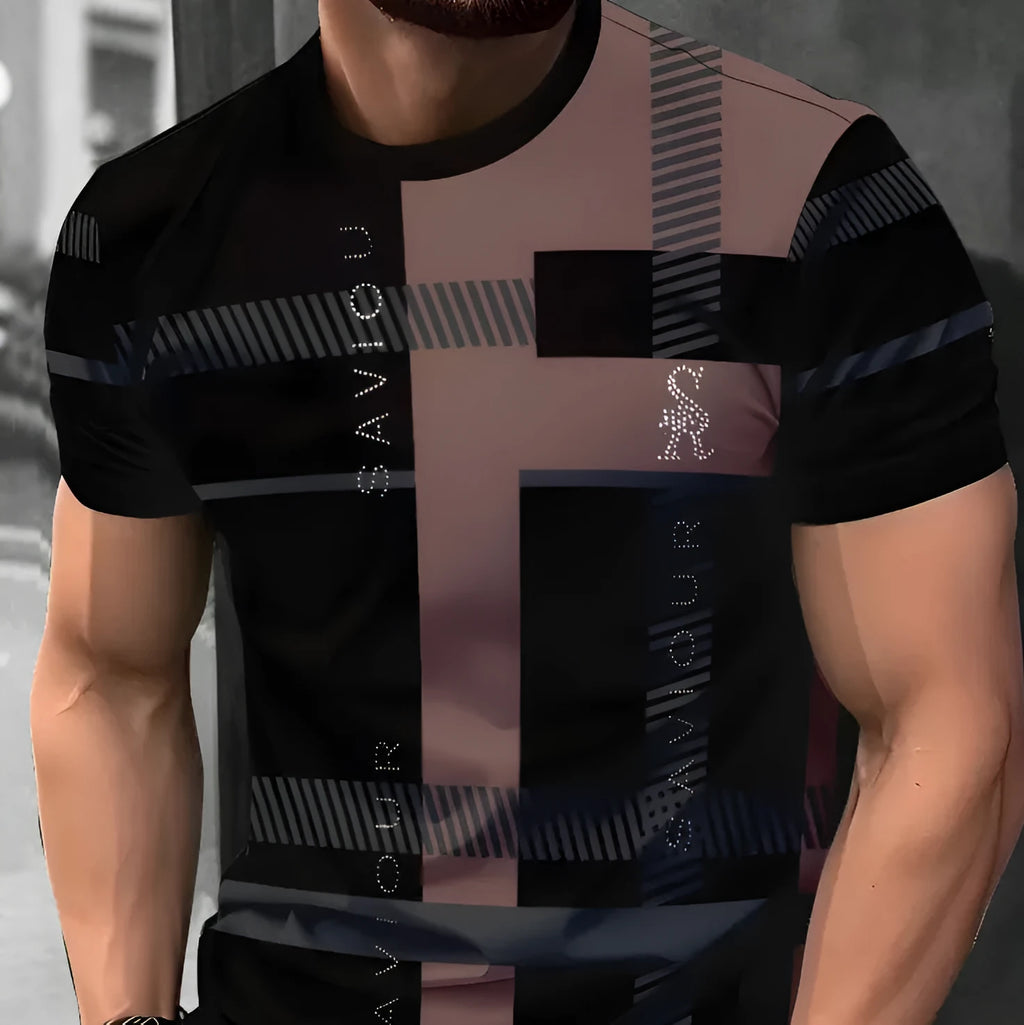 Man wearing a loose fit short-sleeved T-shirt with a digital 3D printed stripe pattern.