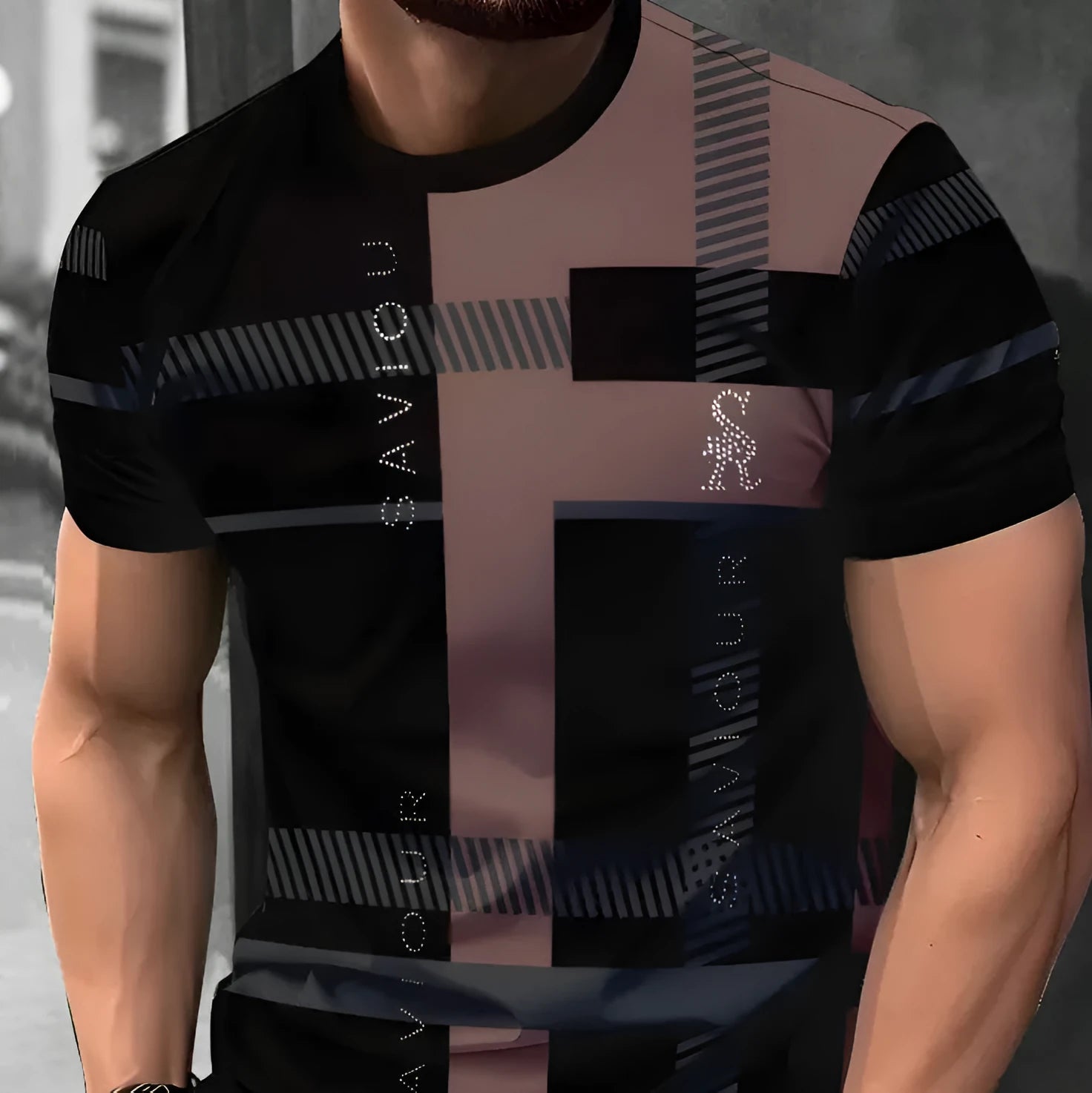 Man wearing a loose fit short-sleeved T-shirt with a digital 3D printed stripe pattern.
