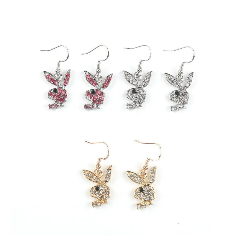 Rabbit stud earrings with diamond detailing in gold, pink or silver cartoon animal design