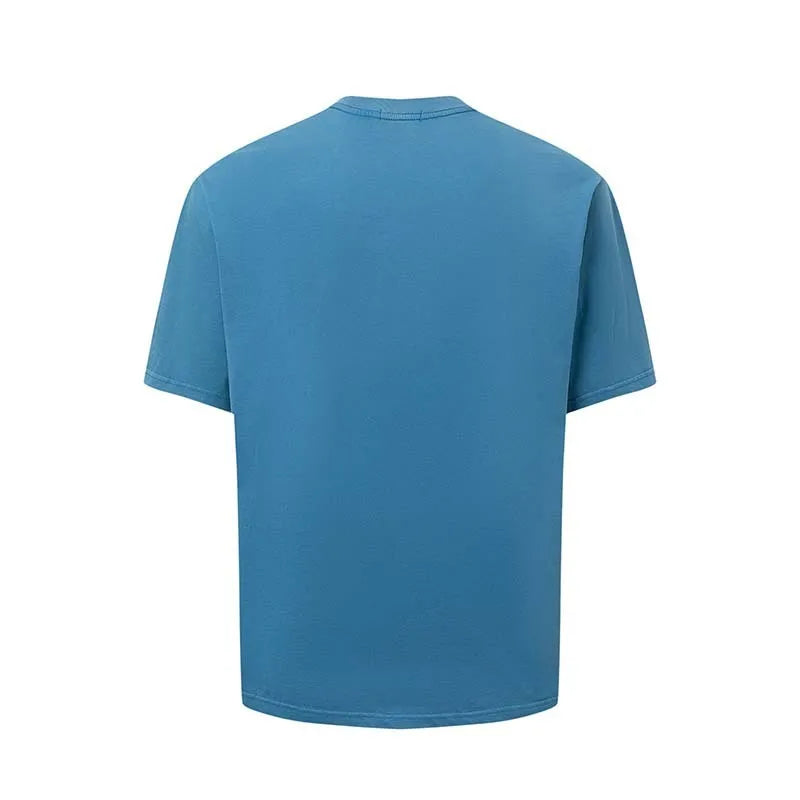 Men's blue American Retro style T-shirt with white printed letter design, round neck, loose fit