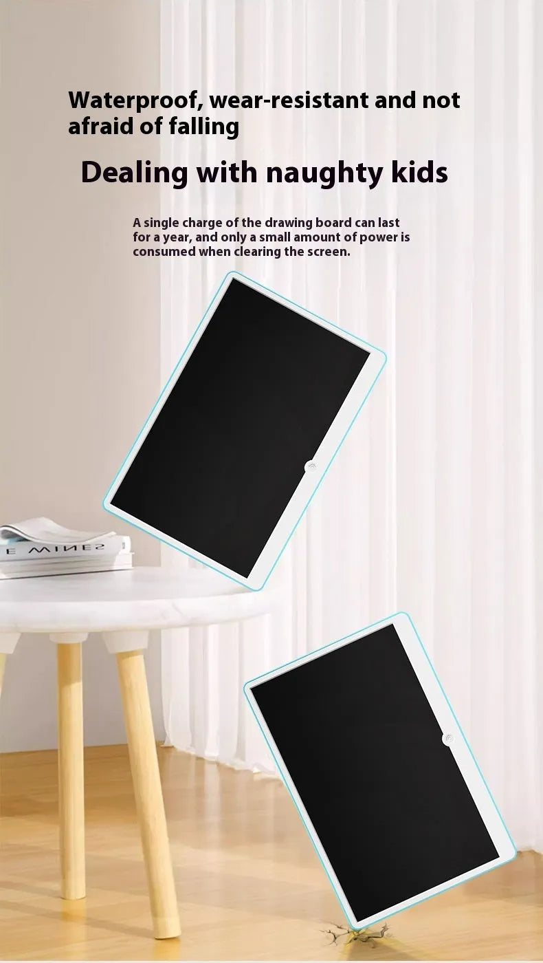 19-inch rechargeable LCD drawing board for children in blue and white colour scheme with stylus.
