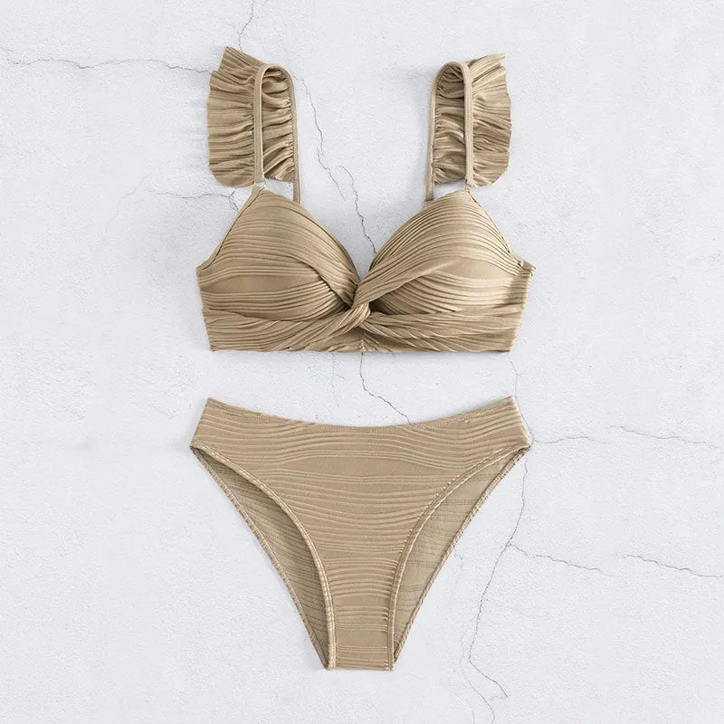 Women's solid colour polyester bikini swimsuit in black or khaki options with two-piece design