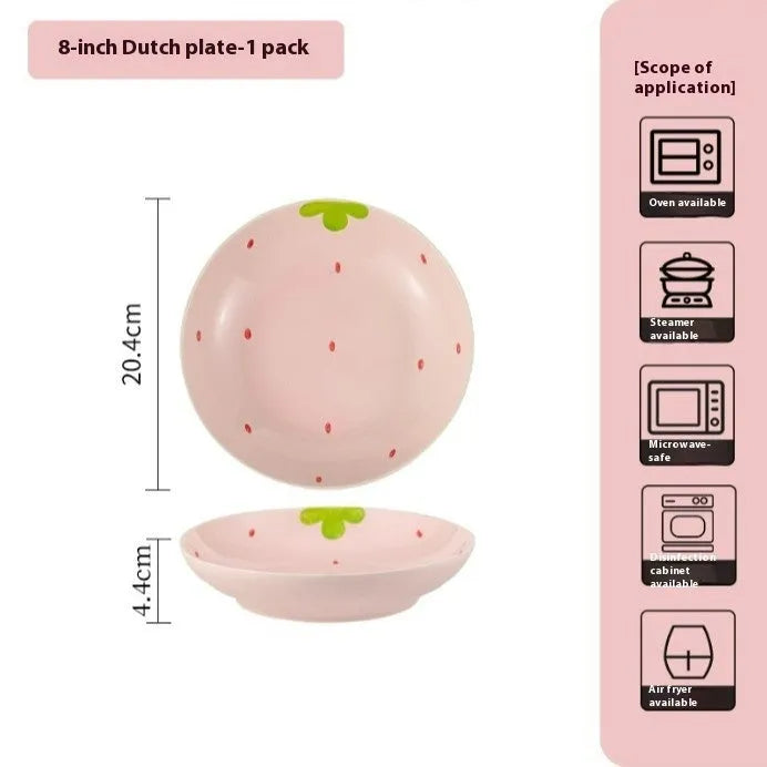 Strawberry design porcelain dinnerware set with flower bowls, plates, and spoon