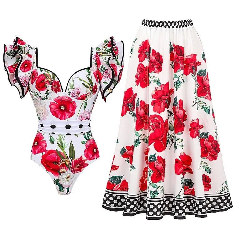 Women's printed polyester one-piece swimsuit in rose pink, blue, white or red apron set colours