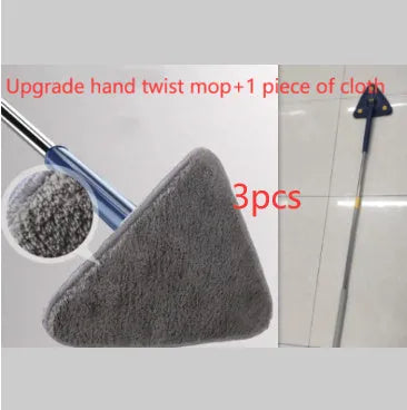 Extendable triangle cleaning mop with 360-degree rotating head and stainless steel pole