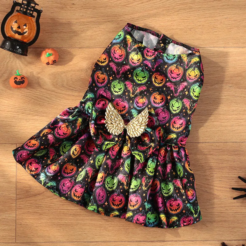 Angel wings Halloween dog costume in bright pumpkin colour on small dog