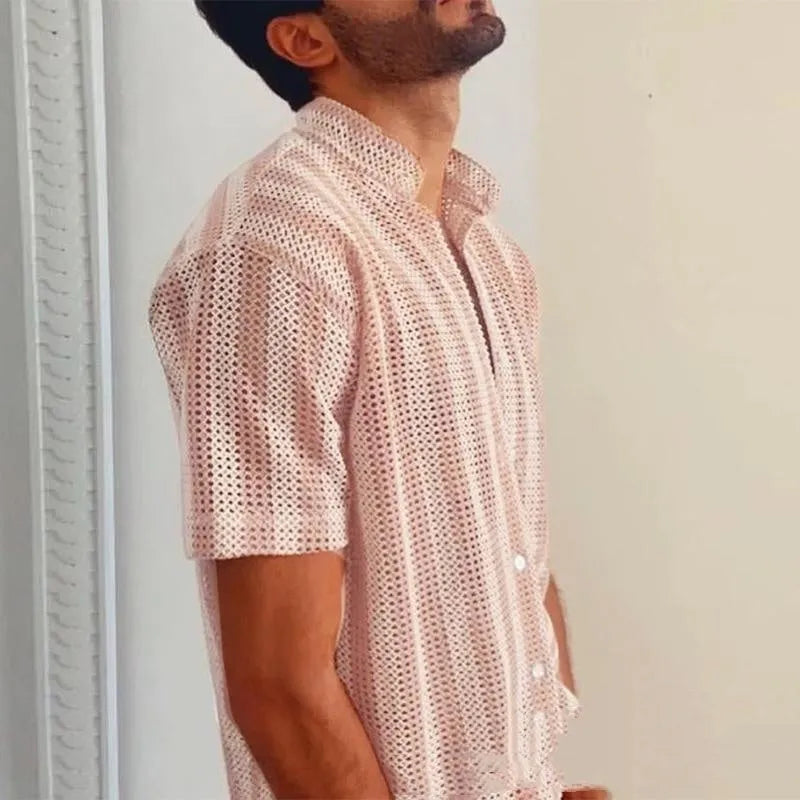 Men's pink waffle texture cardigan shirt with loose fit and short sleeves