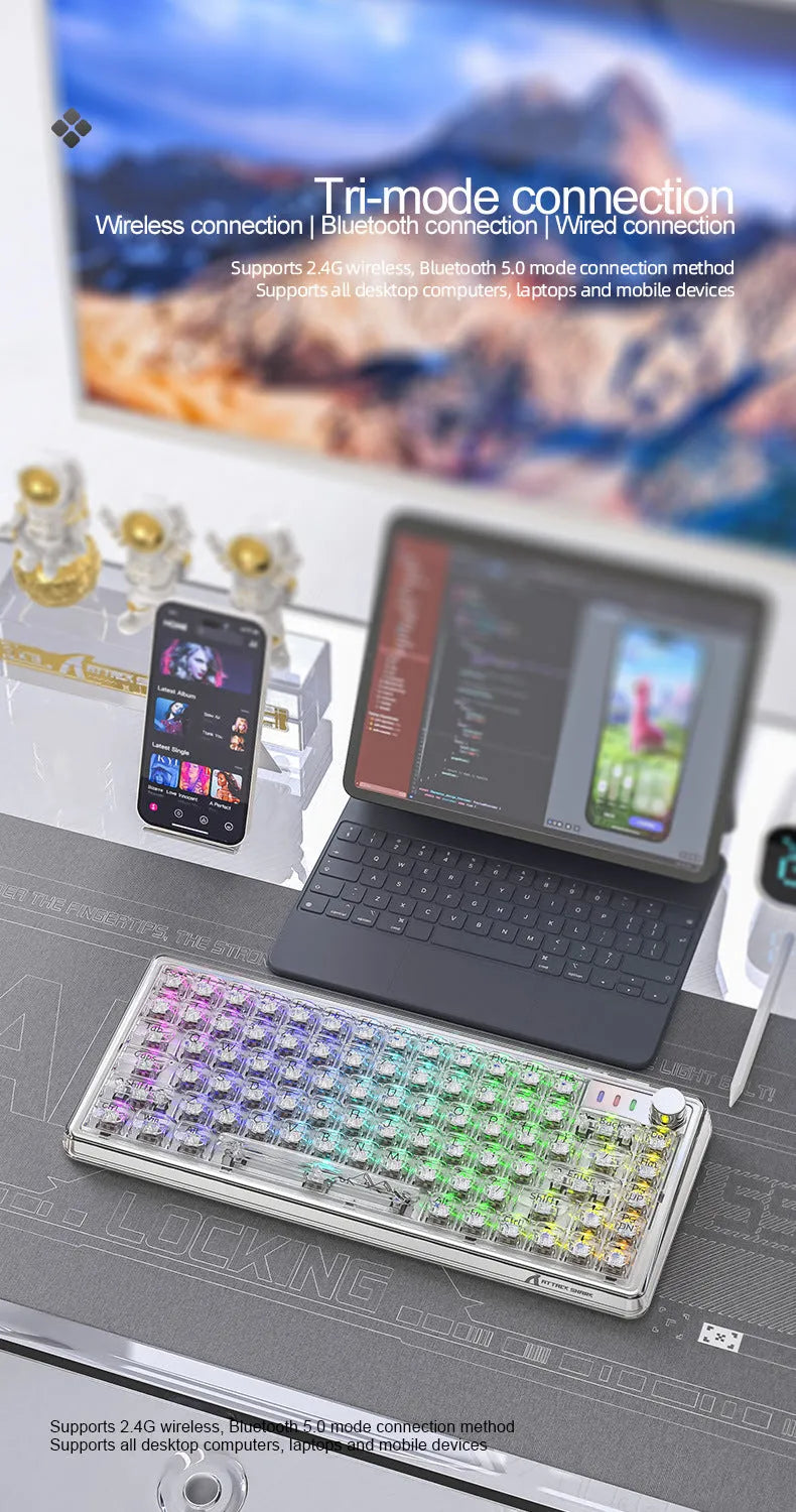 Attack Shark K75RGB wireless mechanical keyboard with transparent black case showing RGB backlighting