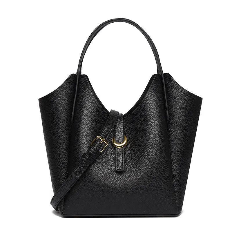 Genuine leather women's bucket handbag with file compartment in retro European style