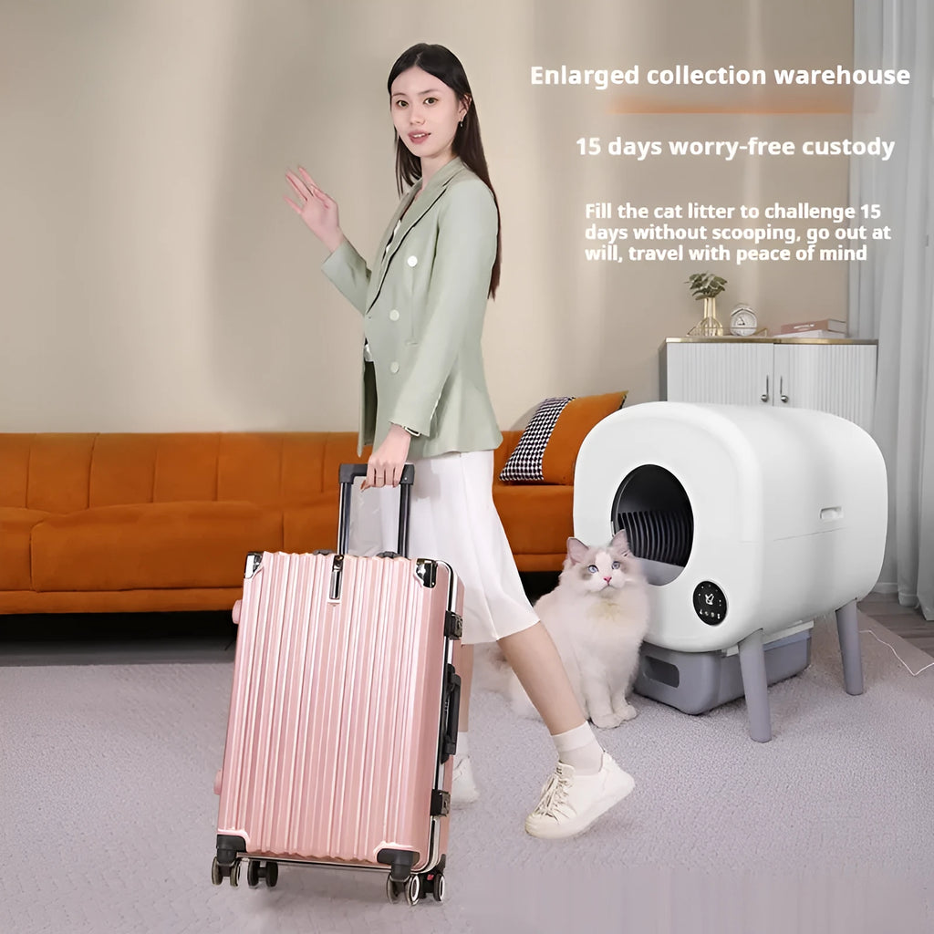Automatic self-cleaning cat litter box with ABS plastic construction and UK plug