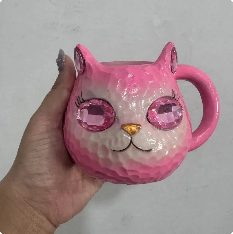American style cat-shaped resin drinking cup in blue, green, pink, and purple colour options.
