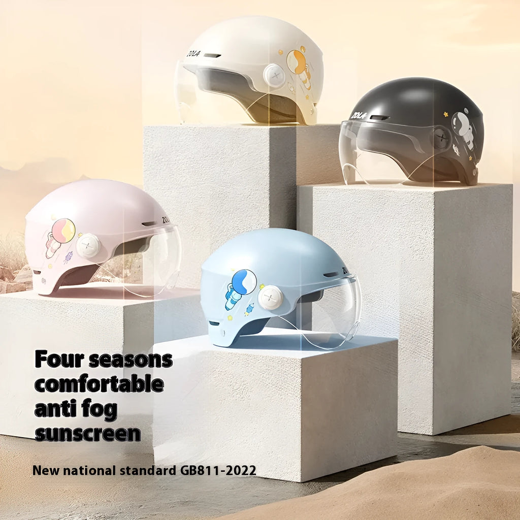 Khaki electric motorcycle half helmet with HD mirror lens on white background