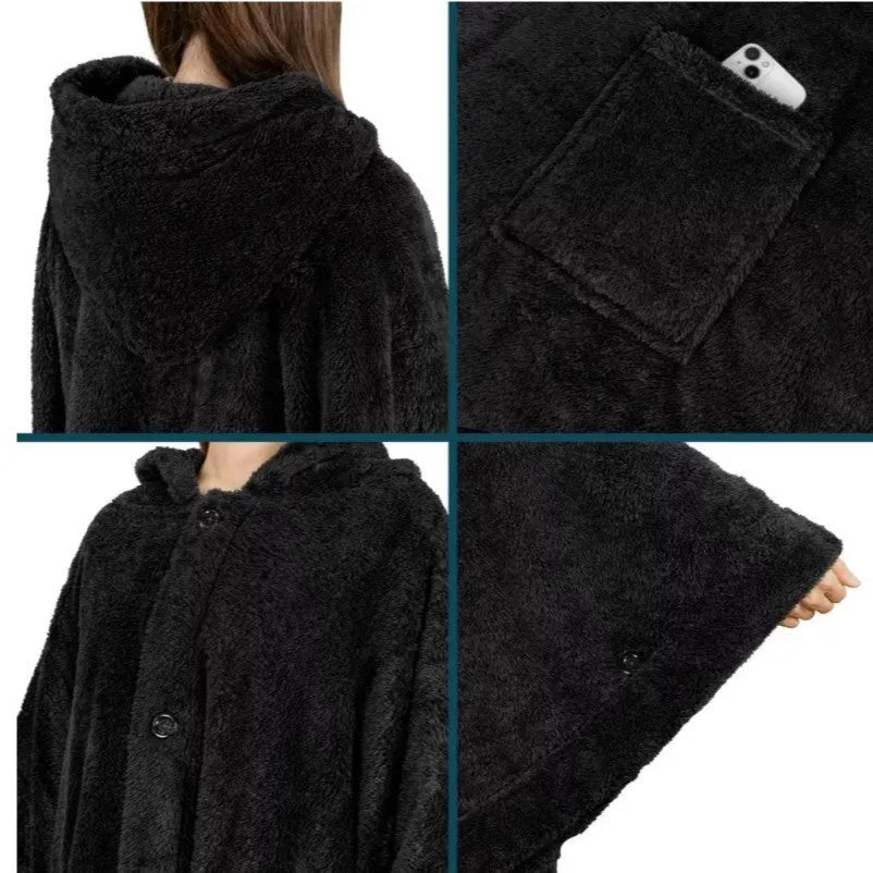 A thick, hooded polyester bathrobe in a cardigan style with long sleeves, shown in a solid colour.