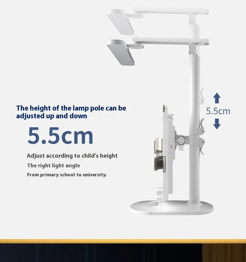 Adjustable desk lamp with integrated bookshelf showing three colour temperature settings and USB charging port