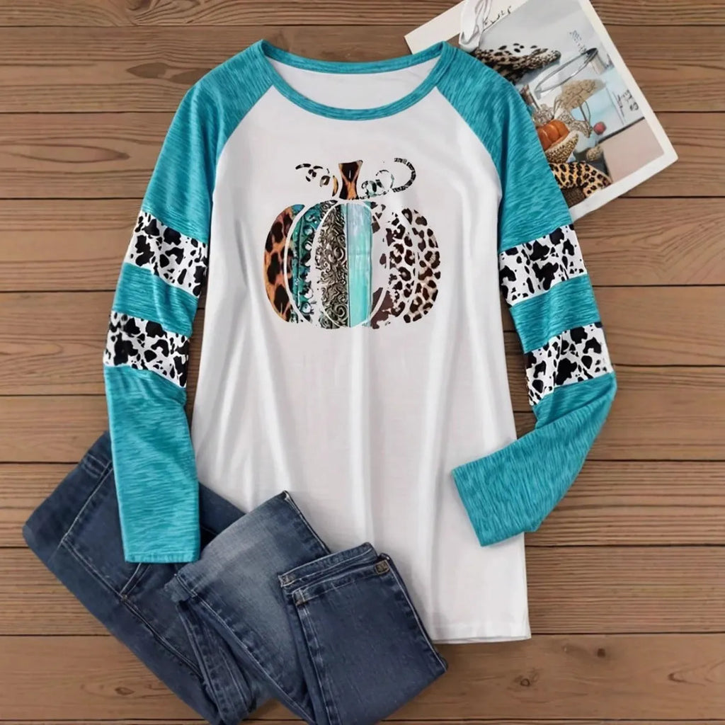 Sky blue casual t-shirt with a large 3D digital print of a Halloween pumpkin on the front.