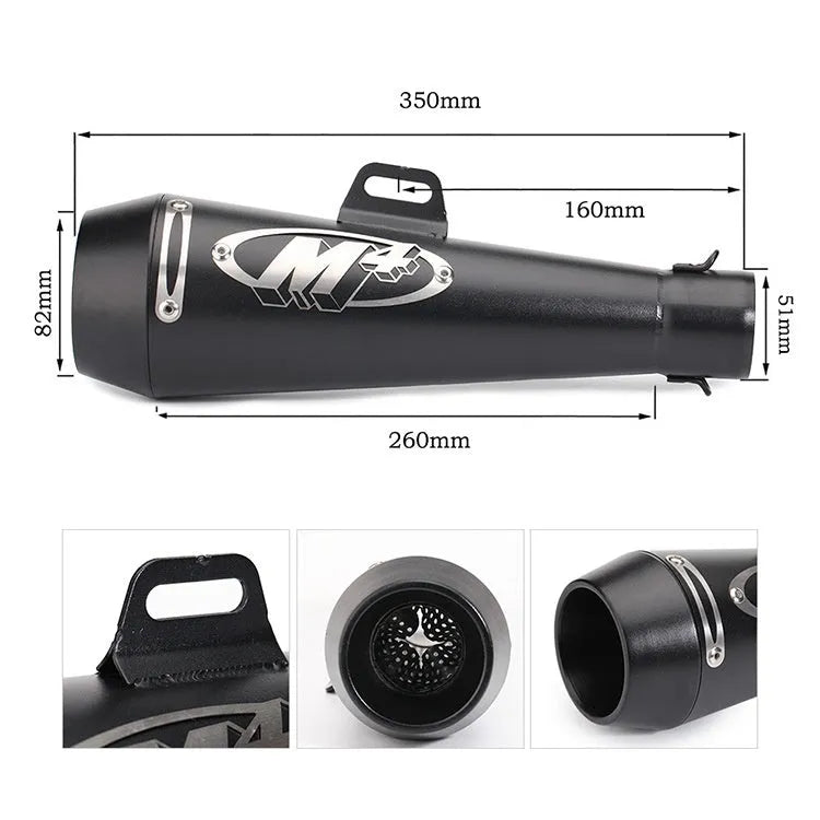 Universal M4 motorcycle exhaust pipe in black, titanium, and half blue finish variants