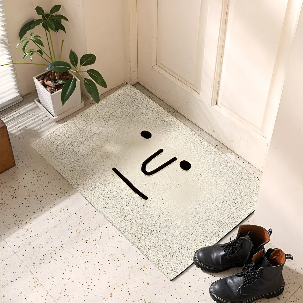 Square PVC floor mat with cartoon face design and geometric pattern in Mr. Big Nose colour