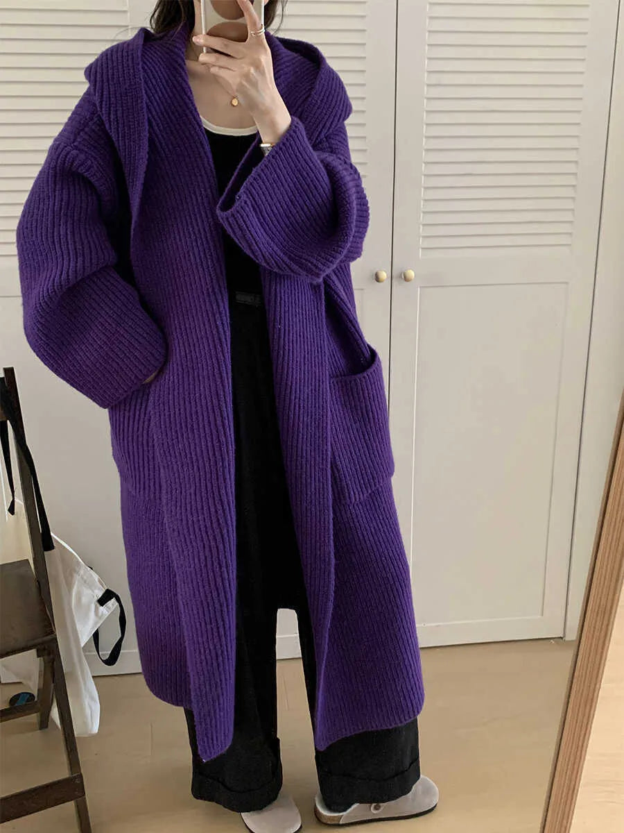 Women's loose hooded sweatshirt cardigan coat in acrylic fabric with extended 80cm length