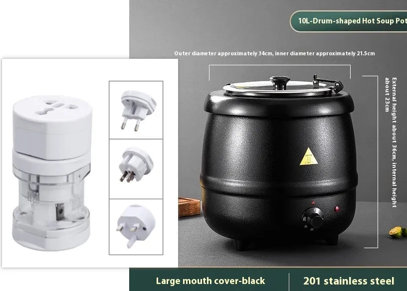 10L stainless steel insulation pot with black iron elements, steel lid and international adapter plug