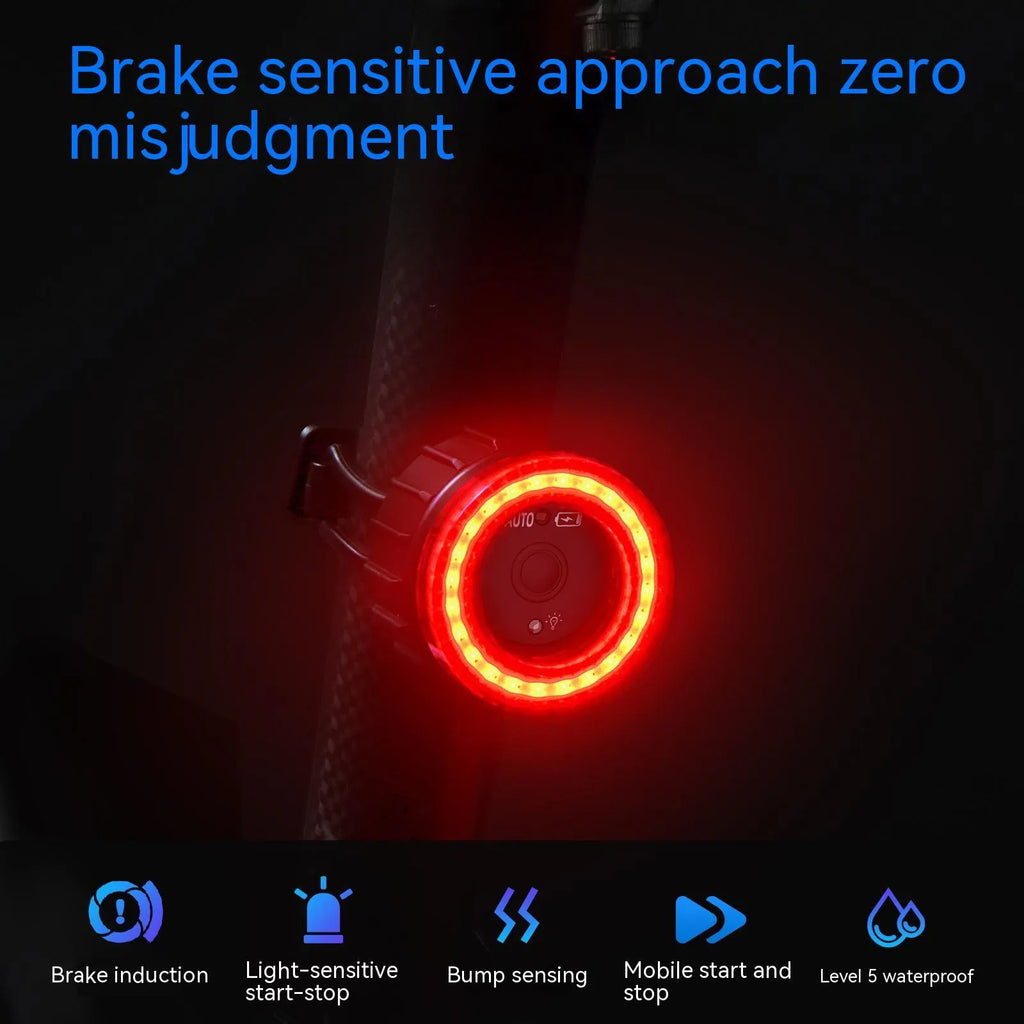 Black intelligent induction brake taillight for bicycles with aluminium alloy housing and dual mounting brackets