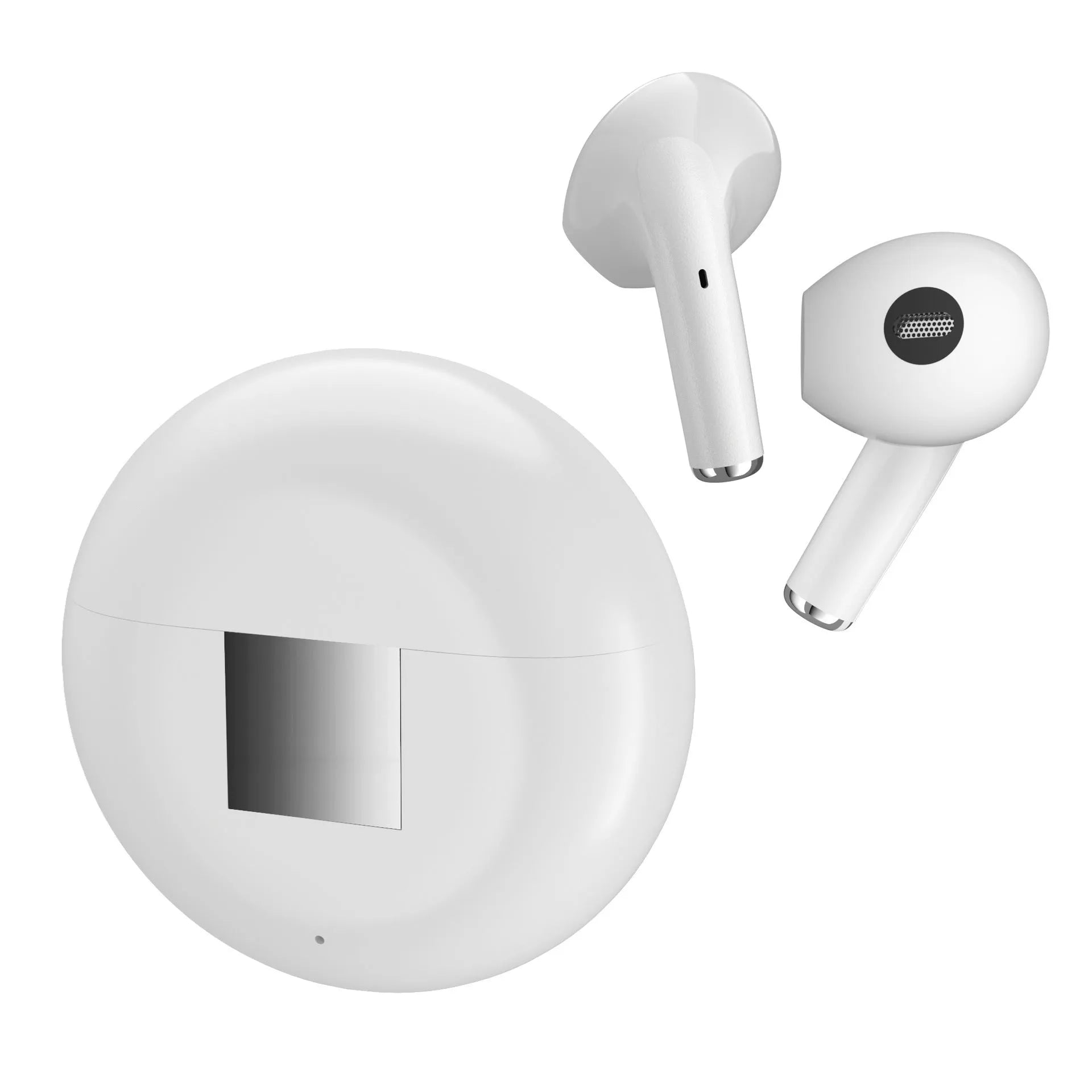 White Budz5 wireless Bluetooth semi-in-ear earphones with a charging compartment on a white background.
