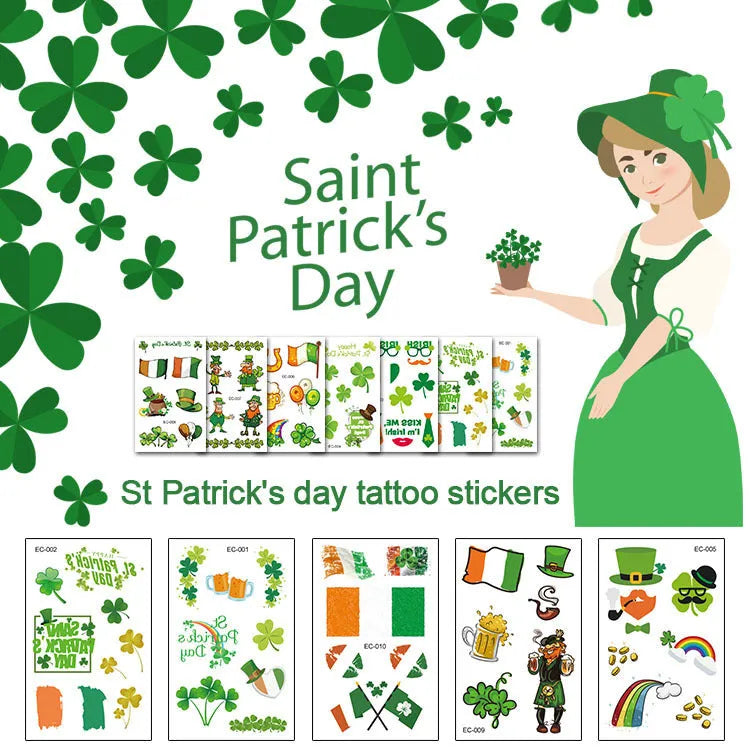 Tattoo sticker paper with St. Patrick's Day shamrock and Irish flag designs measuring 120×75mm