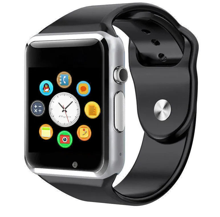 A1 Android smart watch with colour screen on wrist, showing GSM SIM and camera features, in choice of eight colours.