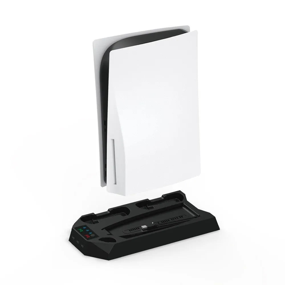 Black PS5 charging base radiator dock with a DualSense controller plugged in and a headset hanging on the hook.
