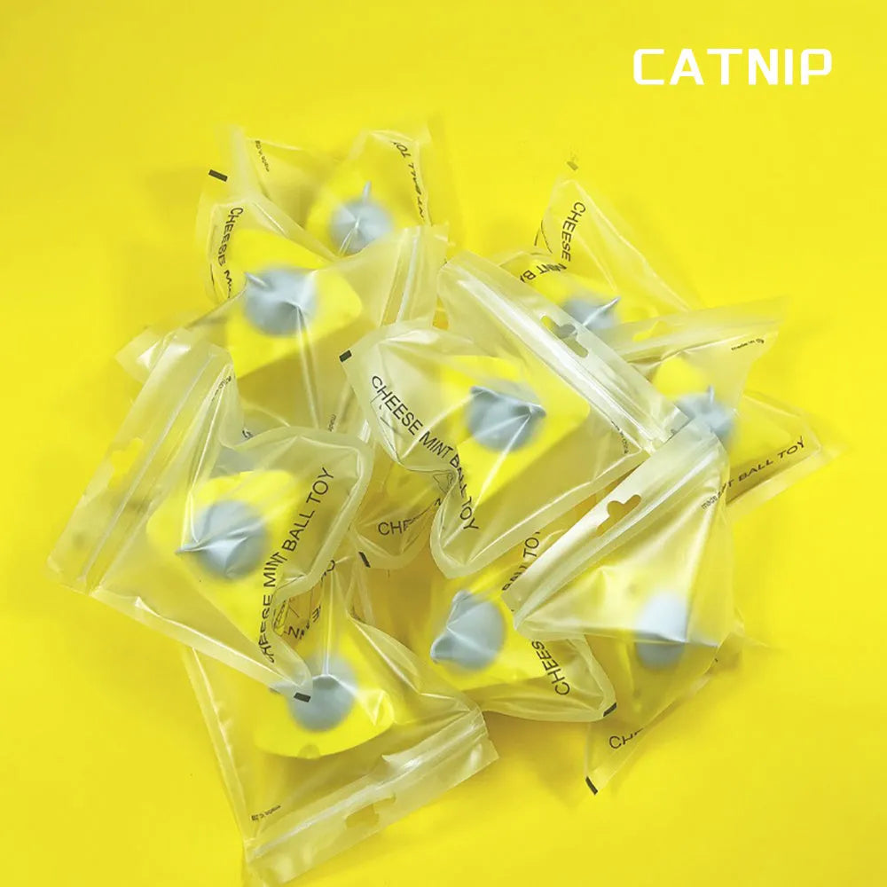 Yellow catnip toy balls with natural silvervine and edible cheese flavour for feline dental care and entertainment