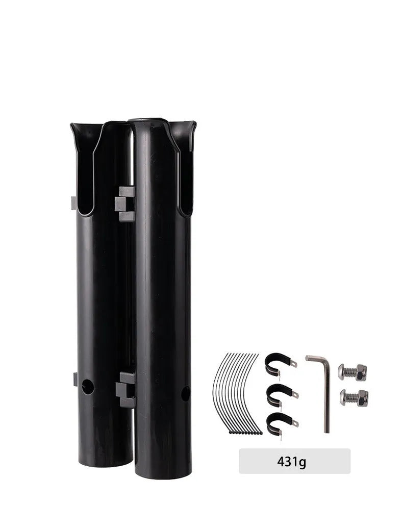 Black double-layer plastic fishing rod rack with carbon fibre frame and metal pipe clamp for bicycle handlebars