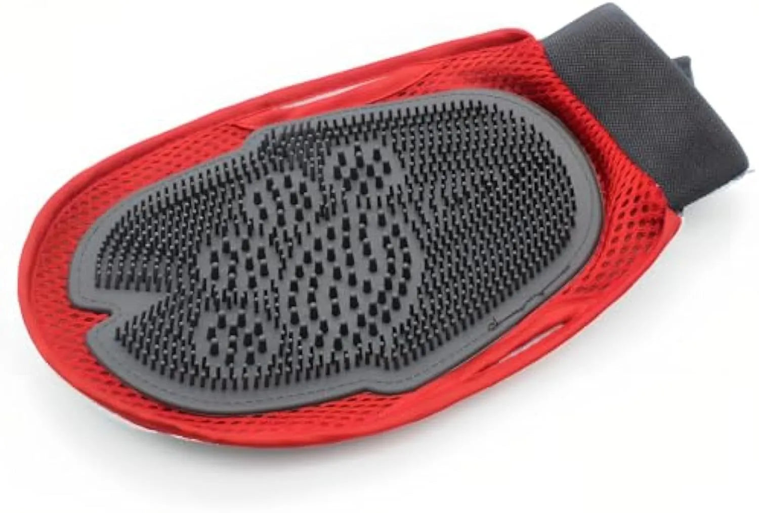 Red pet bathing glove with silicone brush bristles for dog and cat grooming during washing