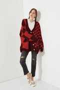 Loose fit printed checks knitwear cardigan in wine red colour with regular sleeves