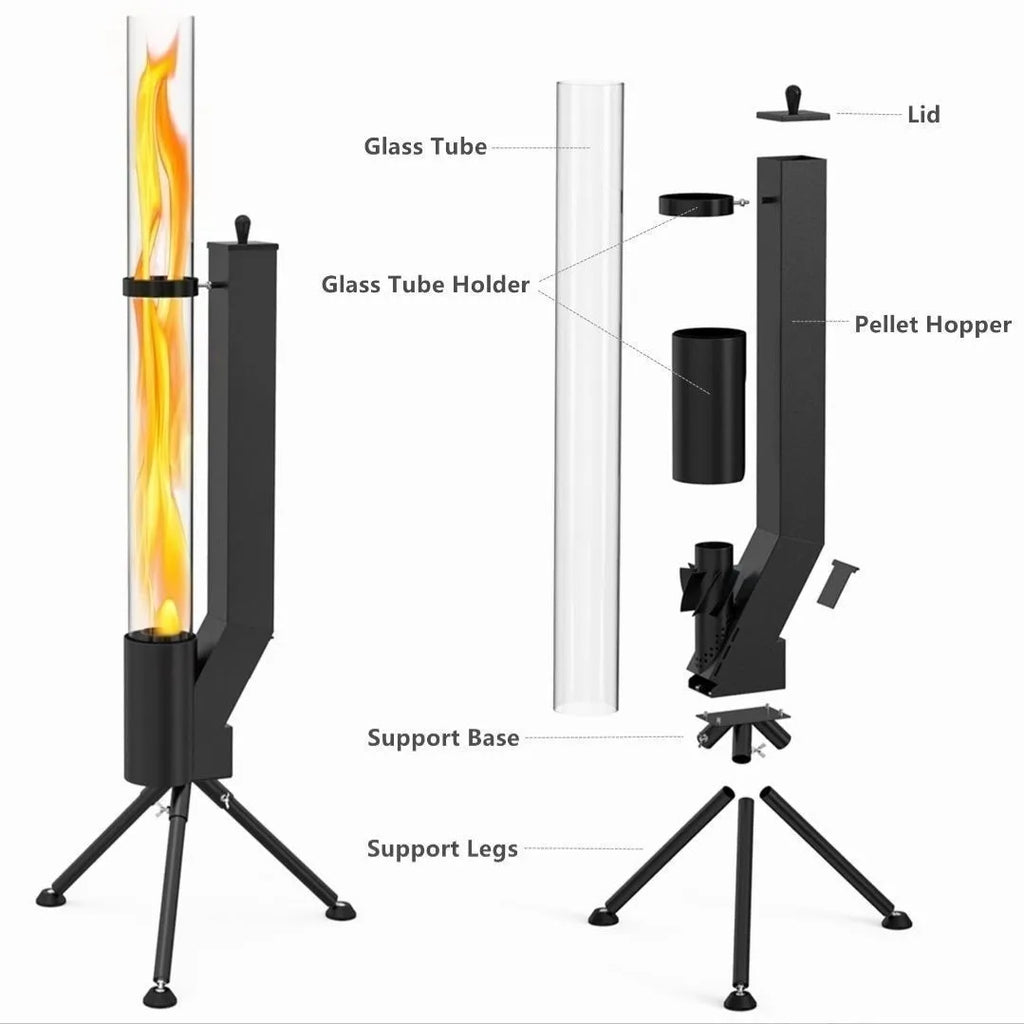 Iron wood burning rocket furnace courtyard heating stove with decorative fire pit design