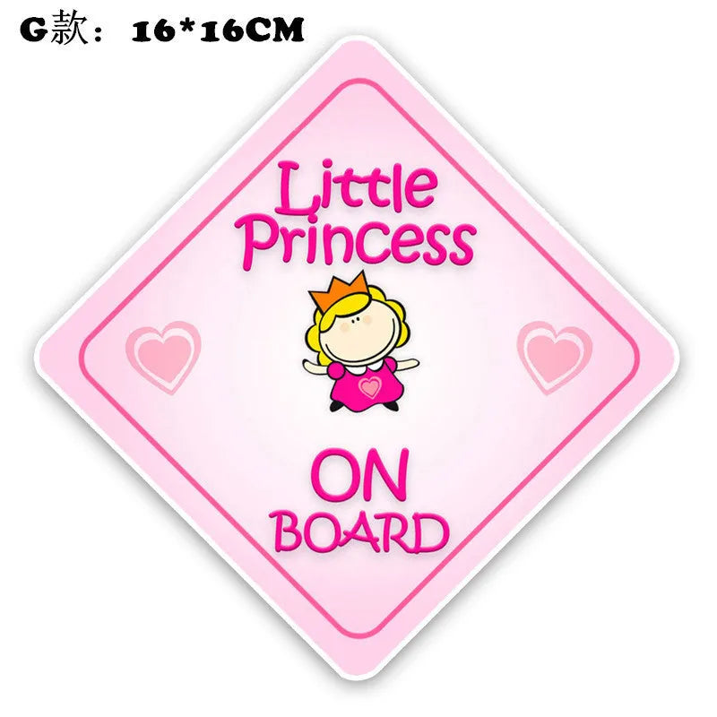 Baby On Board reflective car sticker showing baby character designs with feeding bottle, measuring specific centimetre dimensions