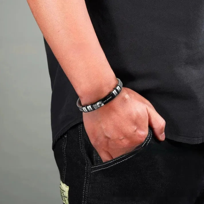 Men's stainless steel lettering bracelet with leather rope cord and heart-shaped beads