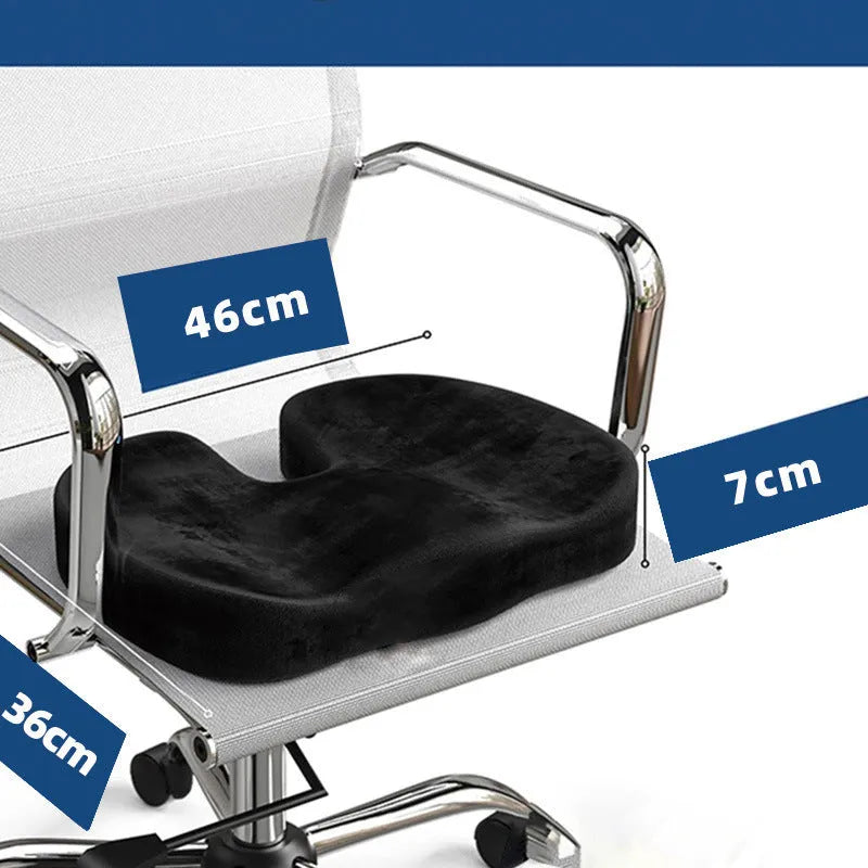 Black flannel U-shaped memory foam office seat cushion showing contoured design for hip support