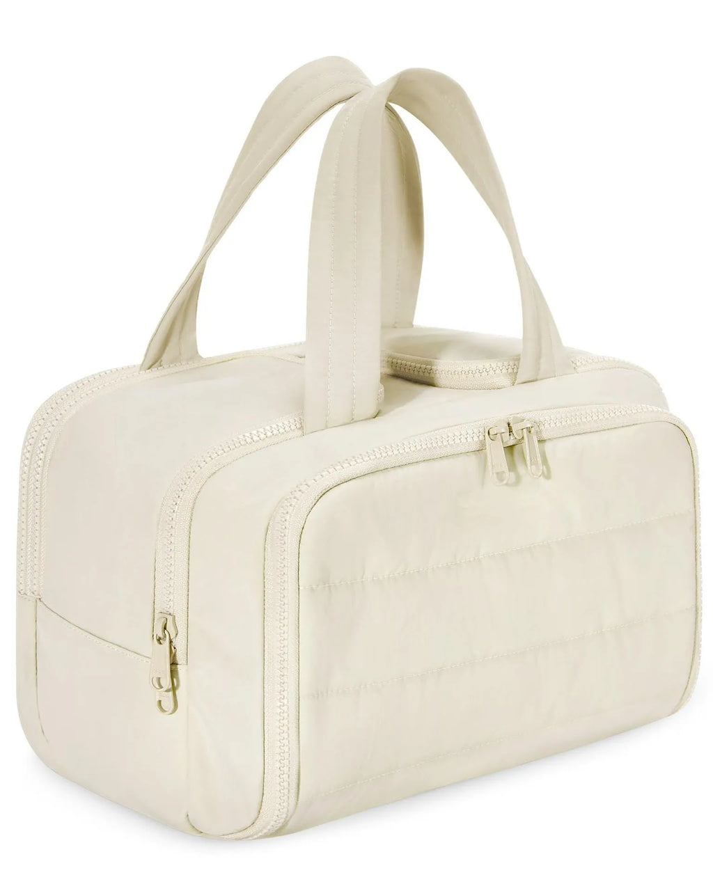 Lightweight large travel toiletry bag in a simple modern style with a wide opening.