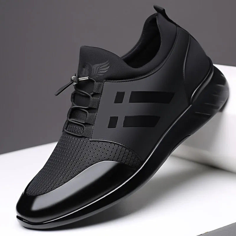 Men's black casual height increasing shoes in leather, Lycra or mesh with a chunky rubber sole