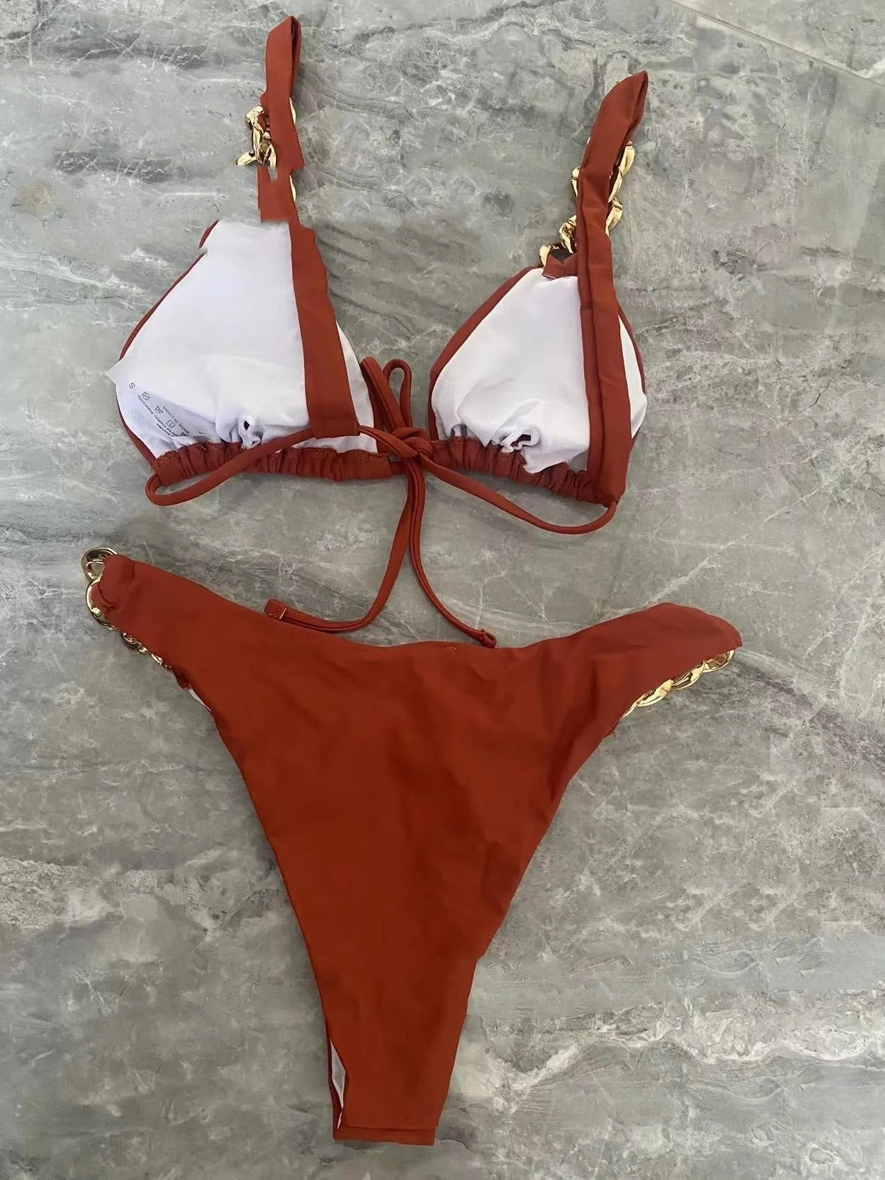 Brown tube-top push-up bikini swimsuit with ring tether detailing for women