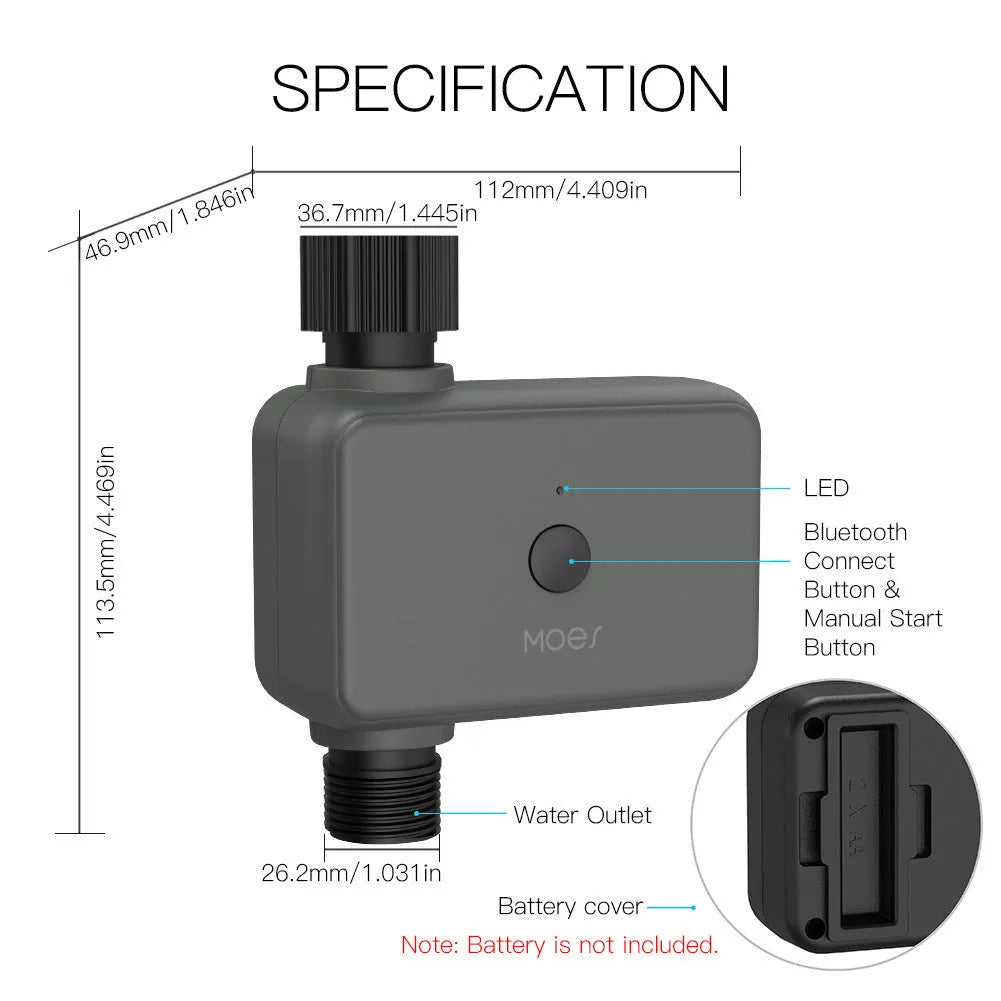 Bluetooth smart garden irrigation timer attached to an outdoor tap with a hose connector.