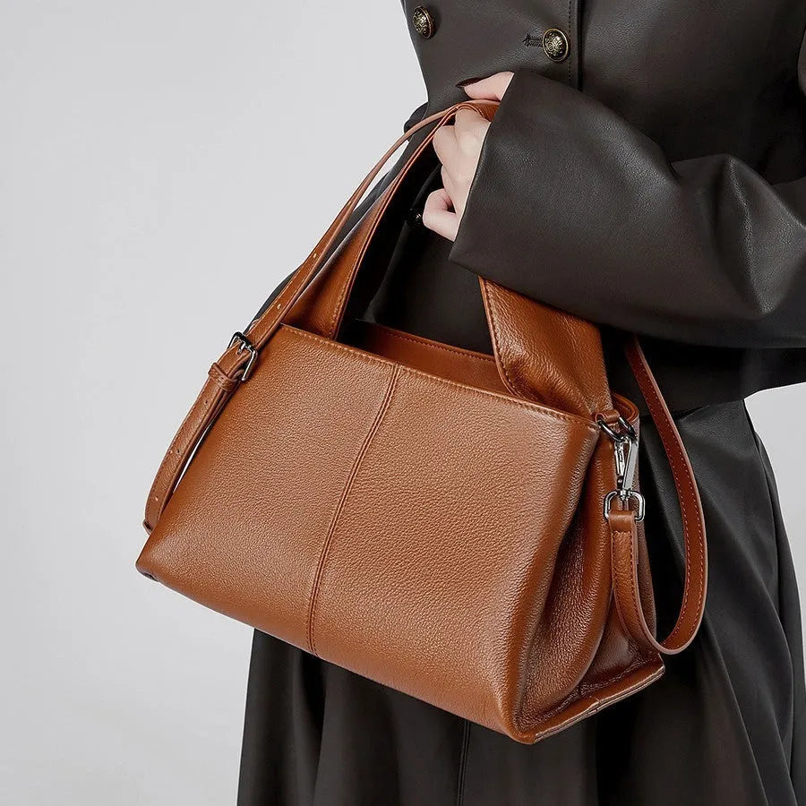 Women's genuine leather messenger bag in retro cowhide with horizontal square shape and double shoulder straps