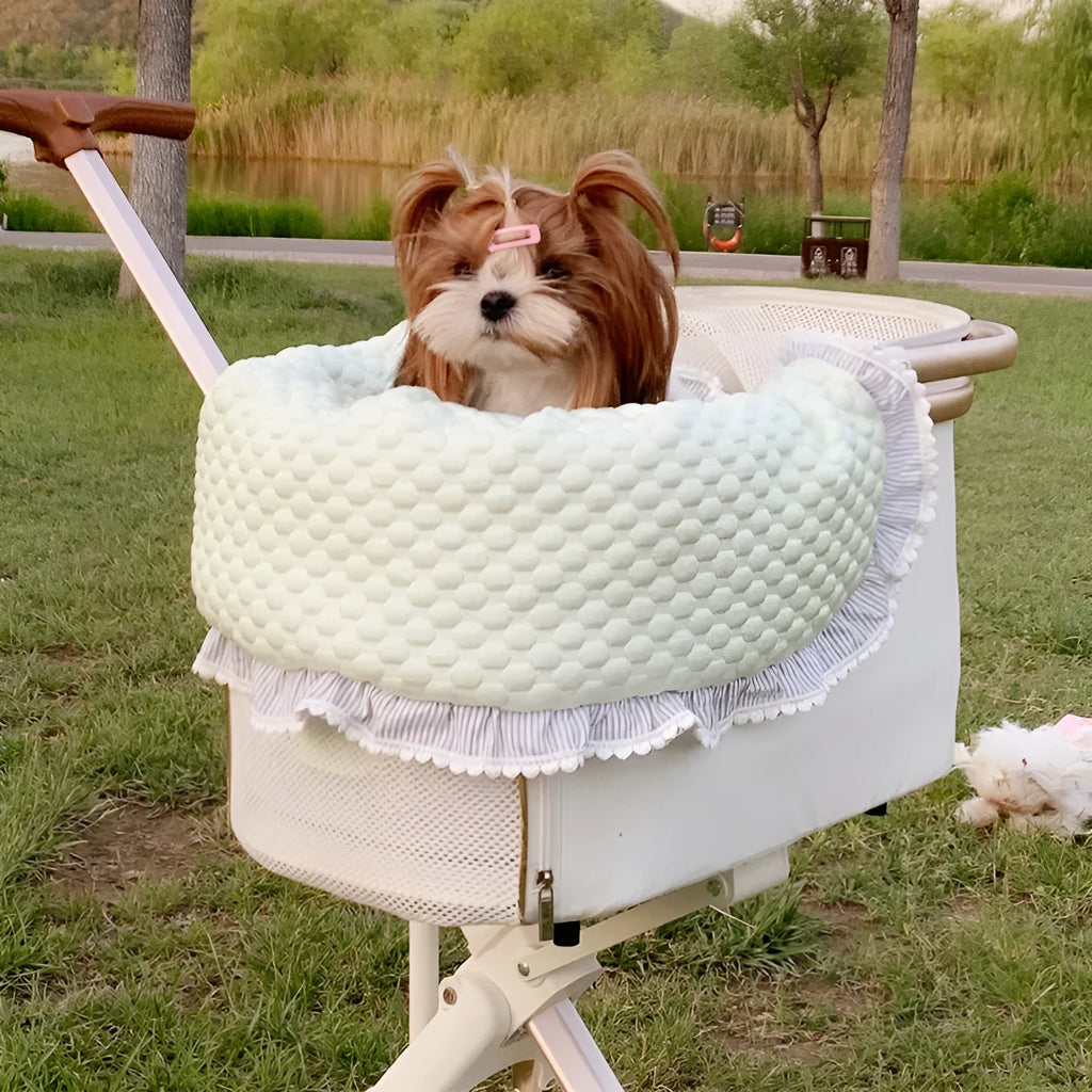 Pet stroller accessory set showing cotton towel, cushion and pillow in blue green apple colour