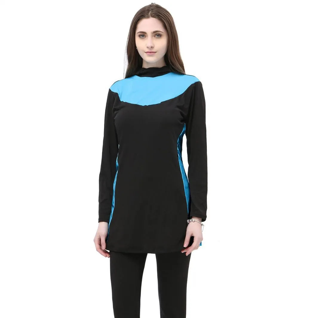 Conservative long-sleeved hooded two-piece swimsuit for women in black with coloured accents.