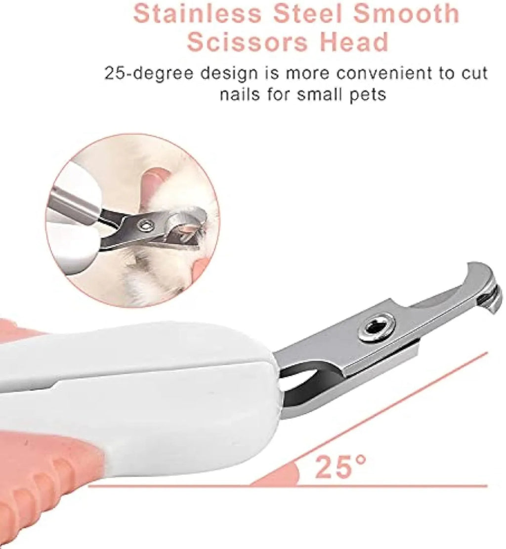 Cat nail clippers with angled stainless steel blade and safety lock in grey or pink