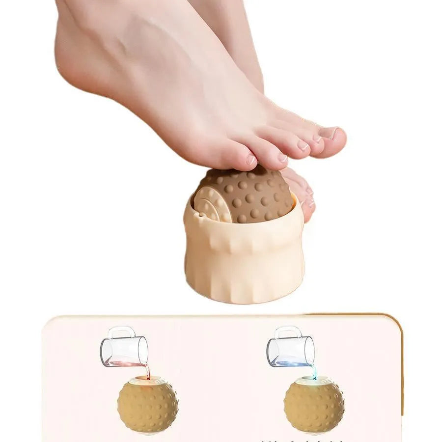 Caramel mocha coloured double massage ball set for hot and cold compress therapy on a wooden floor.