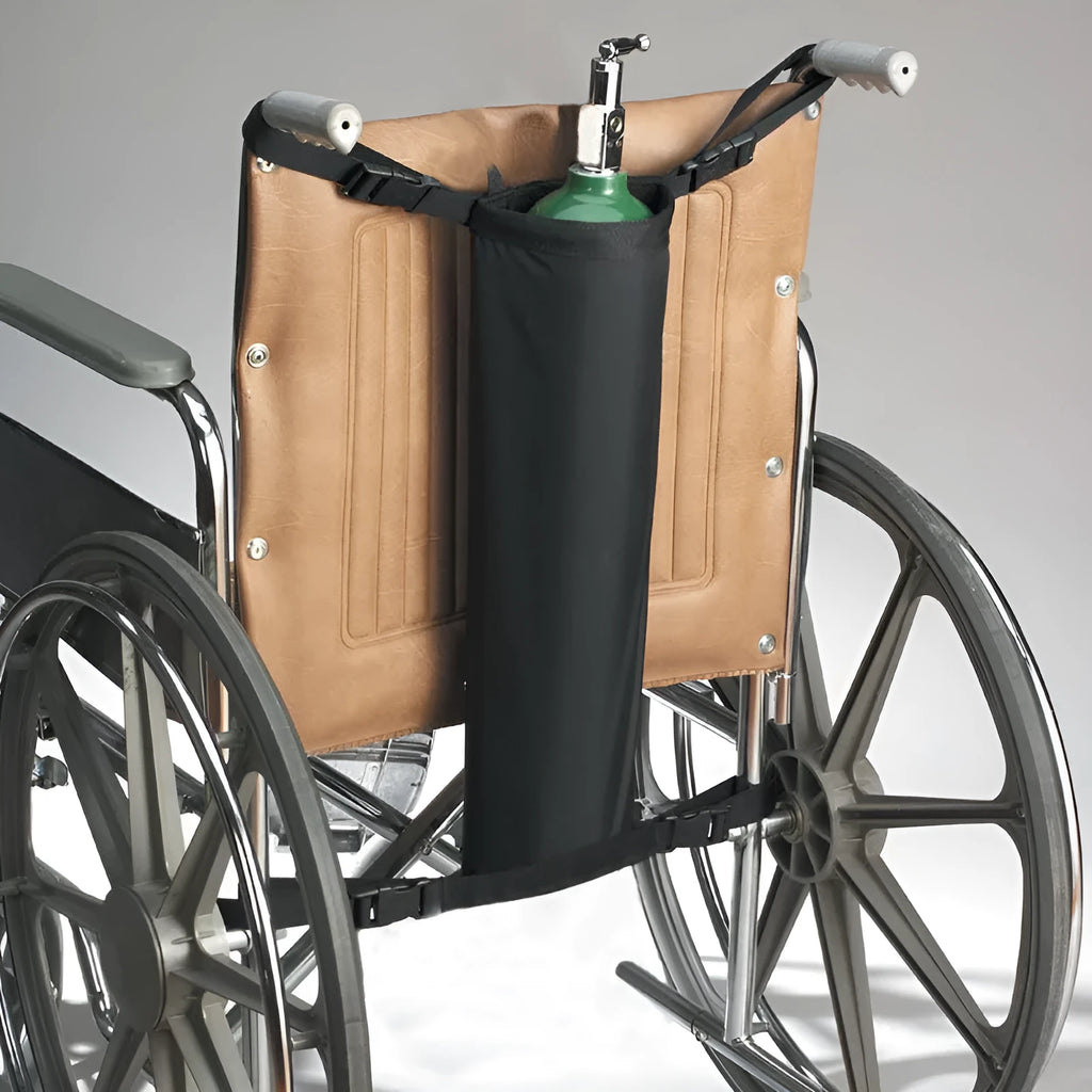 Black cylindrical outdoor pannier bag for wheelchair oxygen cylinder made from 600D Oxford cloth.
